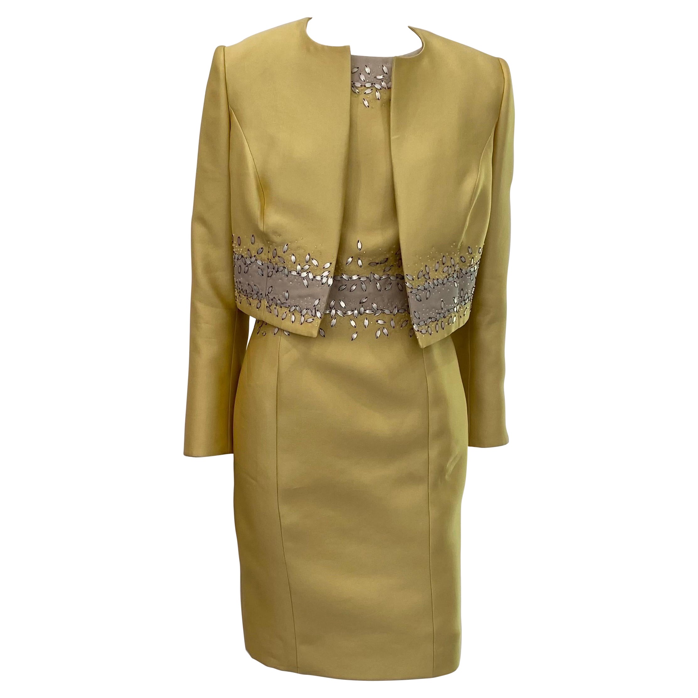 Carolina Herrera Mustard Beaded Silk Sleeveless Dress with Jacket- Sz 10