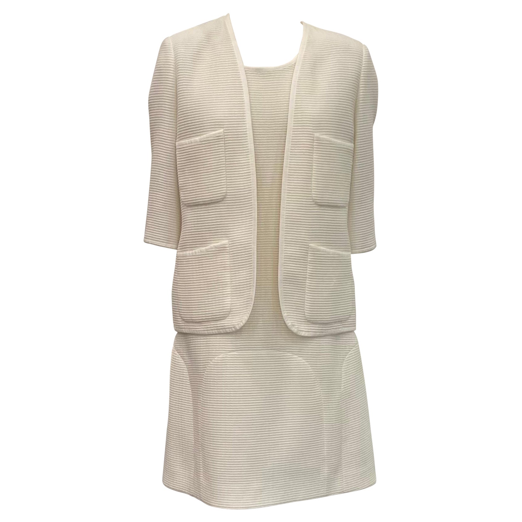Chanel Ivory Ribbed Cotton Sleeveless Shift Dress with Jacket - Sz 42 For Sale
