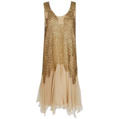 Antique 1925 Elspeth Champcommunal Haute-Couture Metallic Gold Lame Silk Flapper Dress