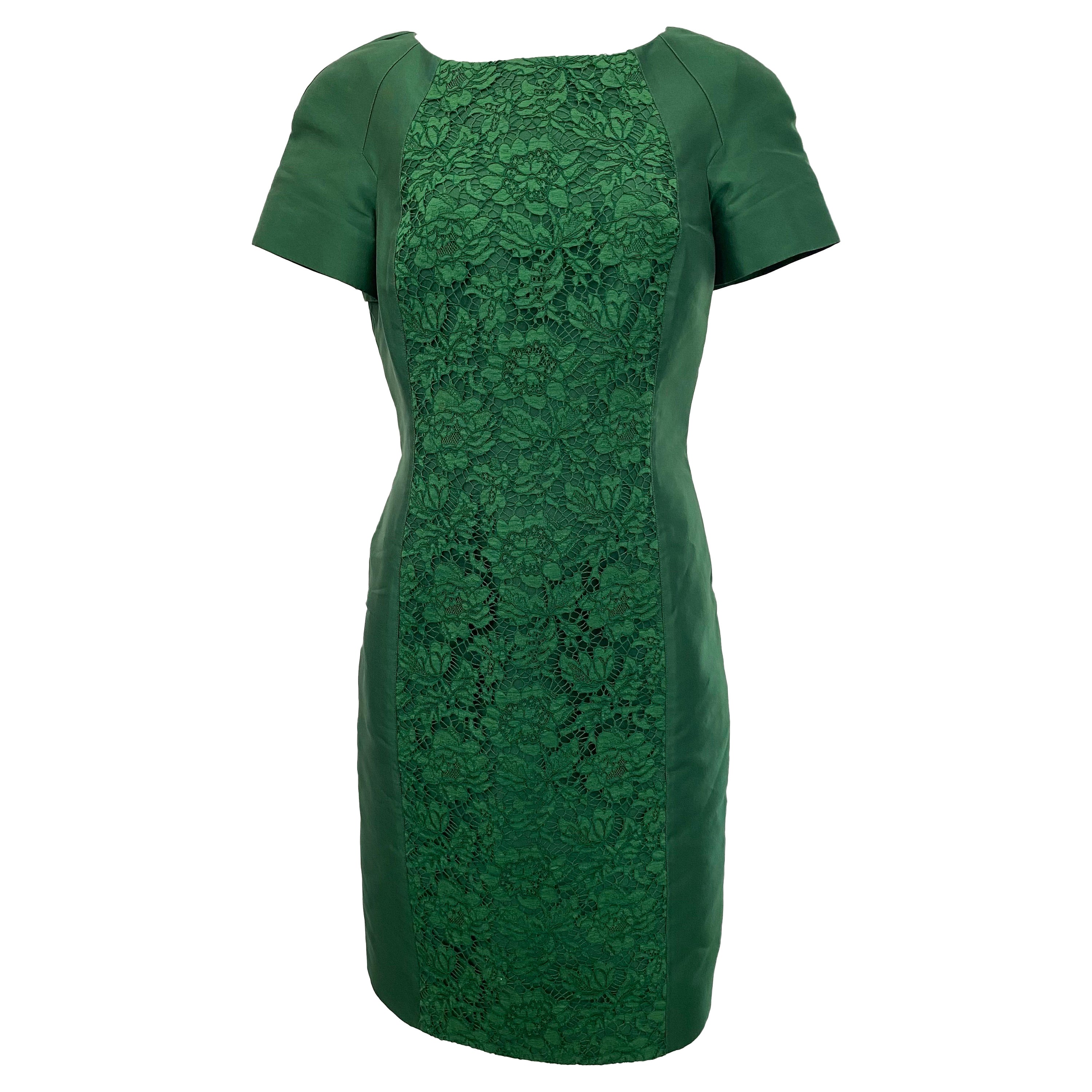 Valentino Emerald Green Silk and Lace Cap Sleeve Sheath Dress - Sz