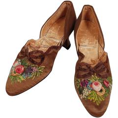 1910's Laird Schober Couture Floral Embroidered Applique Rosettes Silk Shoes 6