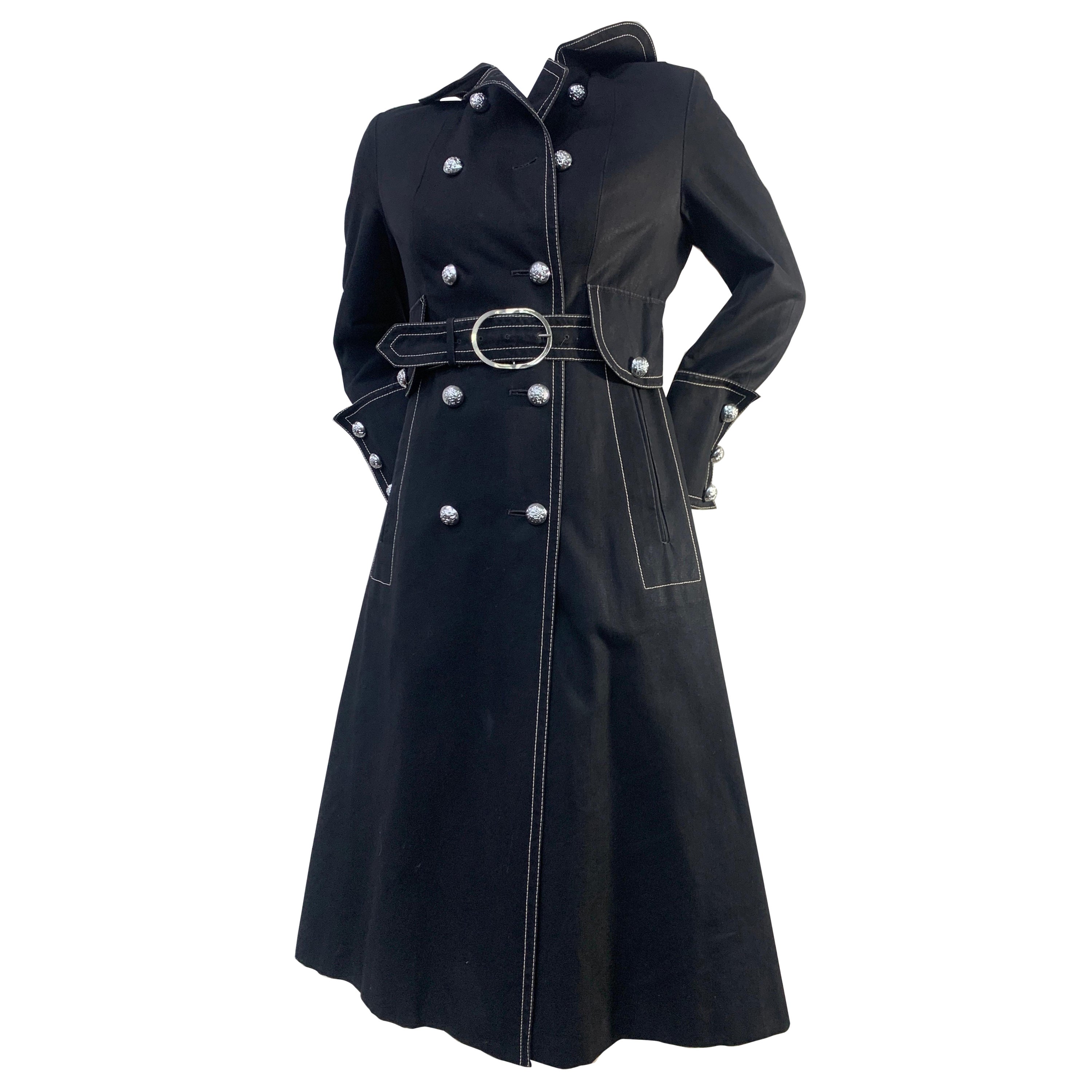 1960 Black Canvas Belted Trenchcoat w/ White Topstitching & Insignia Buttons For Sale