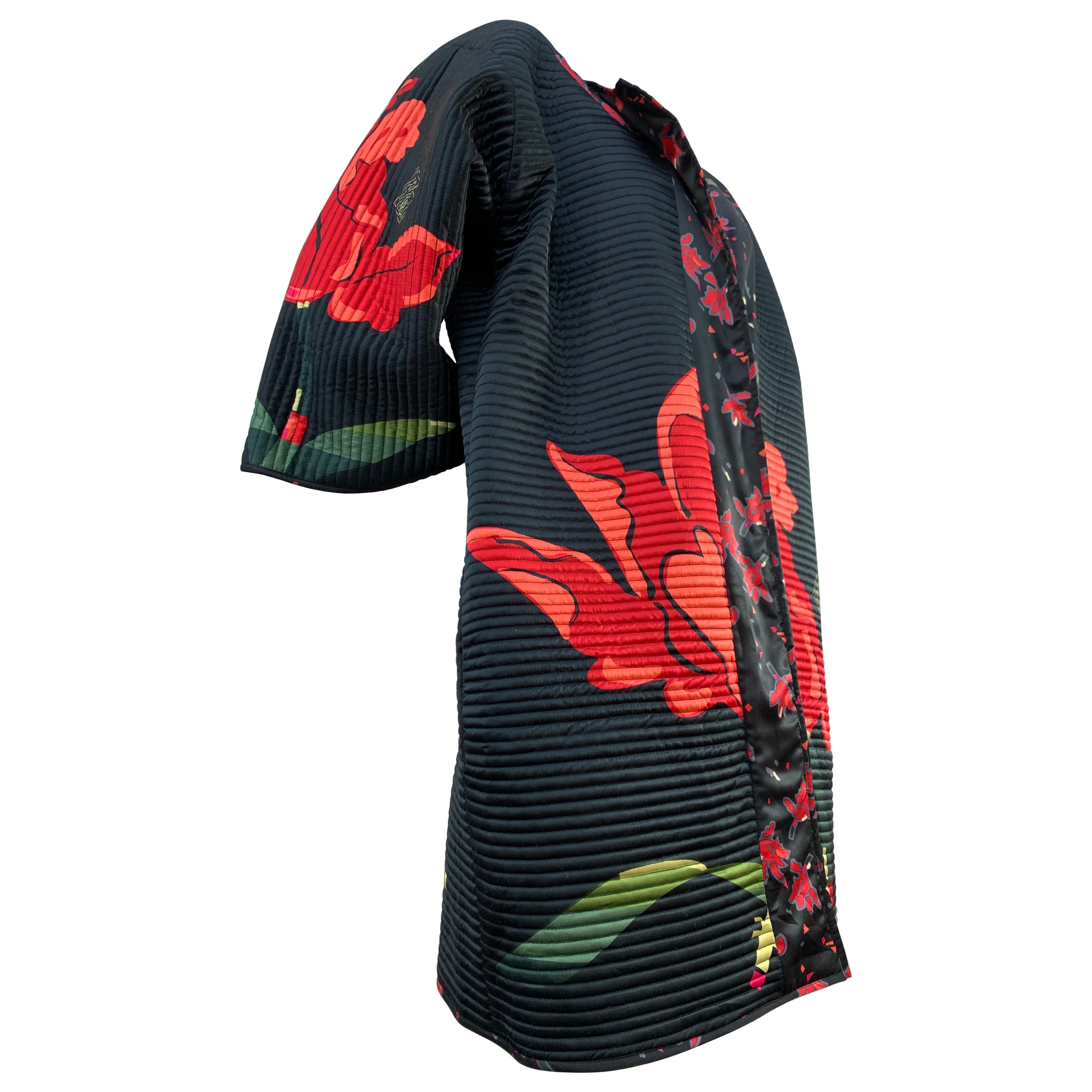 1980 Michaele Vollbracht Black & Tulip Floral Print Quilted Bed Jacket For Sale
