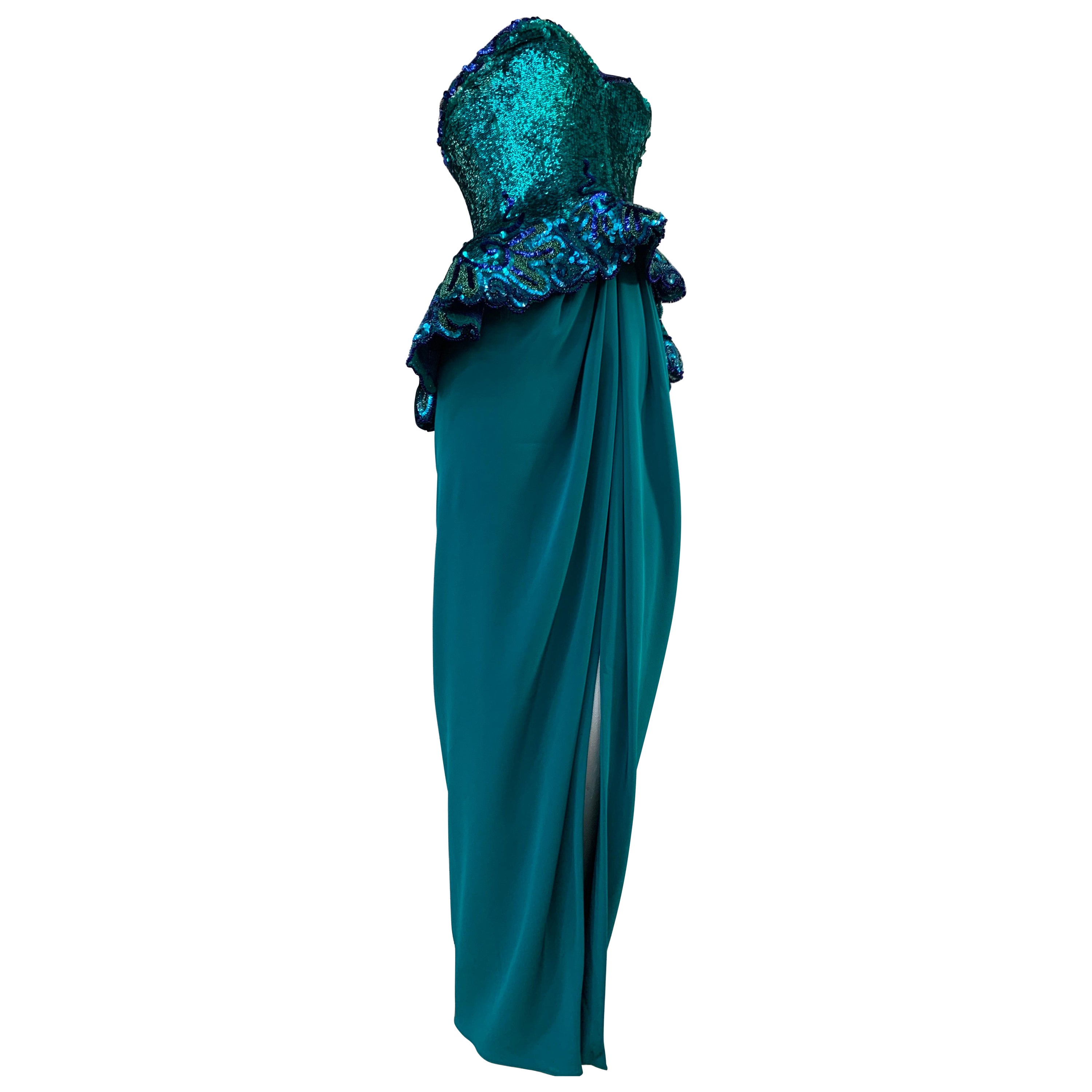 1980 Fabrice Lagoon Blue Sequin & Satin Strapless Gown w/ Voluminous Peplum For Sale