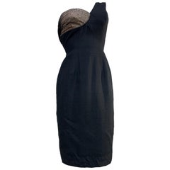 1960 Mr. Blackwell Black One-Shoulder Silk Sheath Dress w/ Rhinestone Bust
