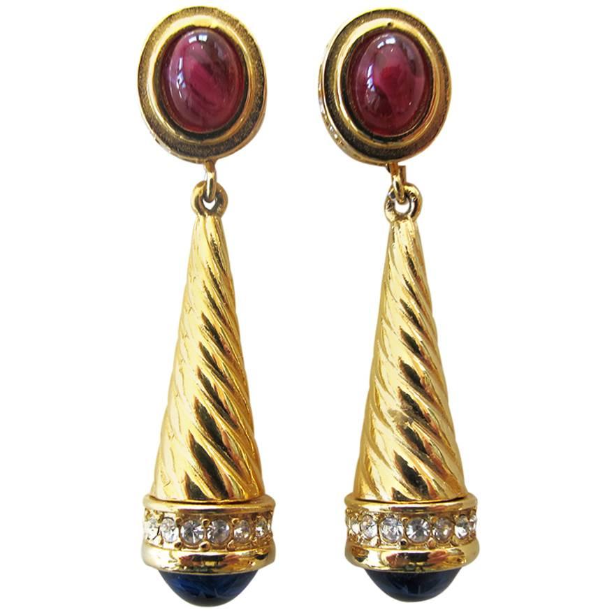 Givenchy Gold-Tone Earring with Faux Ruby and Sapphire Stones For Sale