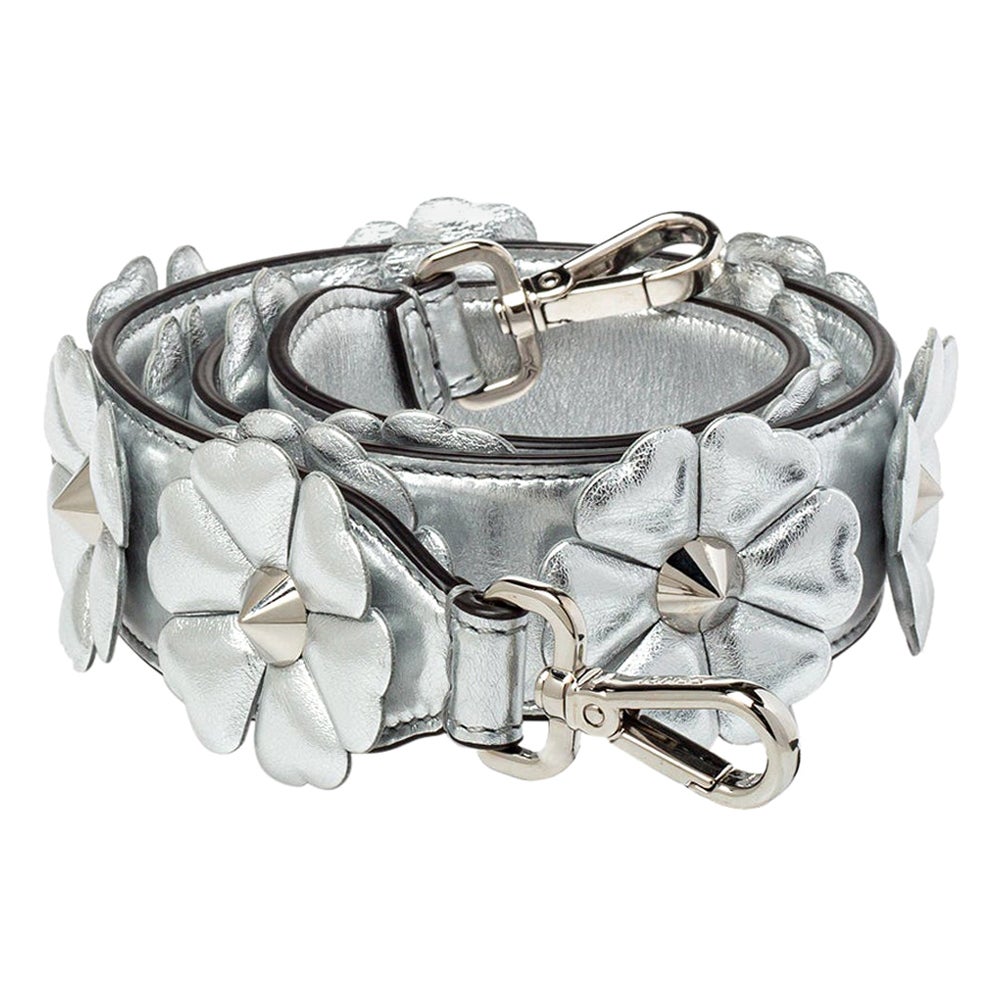 Fendi Metallic Silver Flowerland Leather Strap You Shoulder Bag Strap