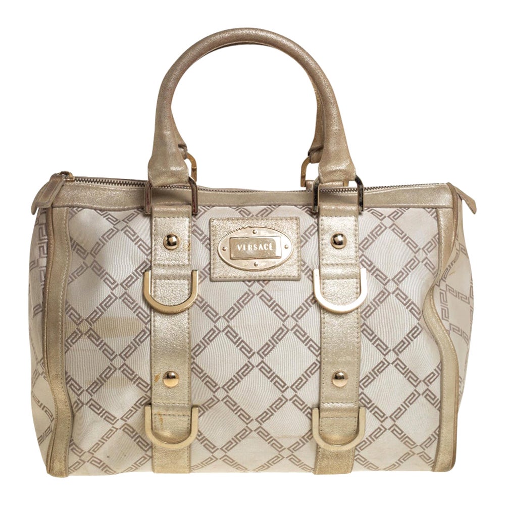 Versace Metallic Gold/Cream Signature Canvas and Leather Snap Out Of It Satchel For Sale