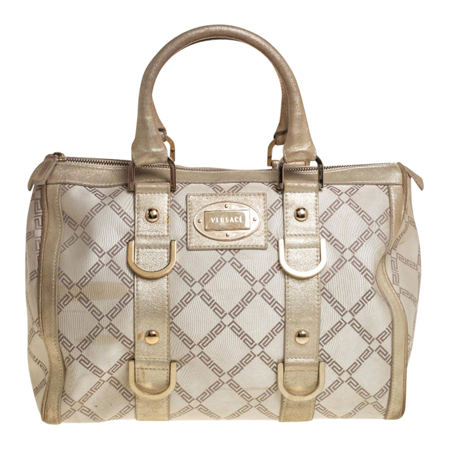 Versace Metallic Gold/Cream Signature Canvas and Leather Snap Out Of It  Satchel For Sale at 1stDibs