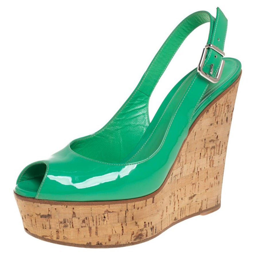 Gianvito Rossi Green Cork Wedge Platform Slingback Sandals Size 37
