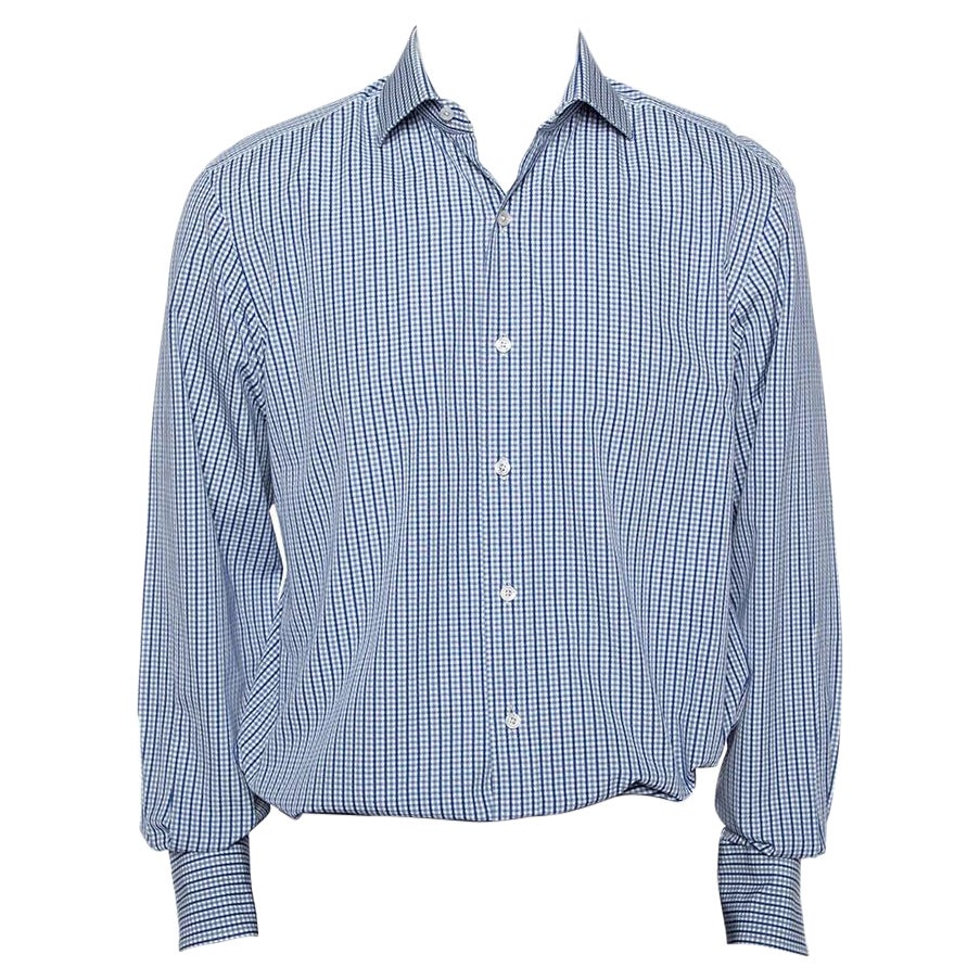 Weißes & marineblaues gemustertes Baumwollhemd mit Knopfleiste von Tom Ford XL