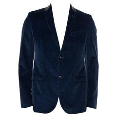 Gucci Navy Blue Corduroy Leather Trim Button Front Blazer M