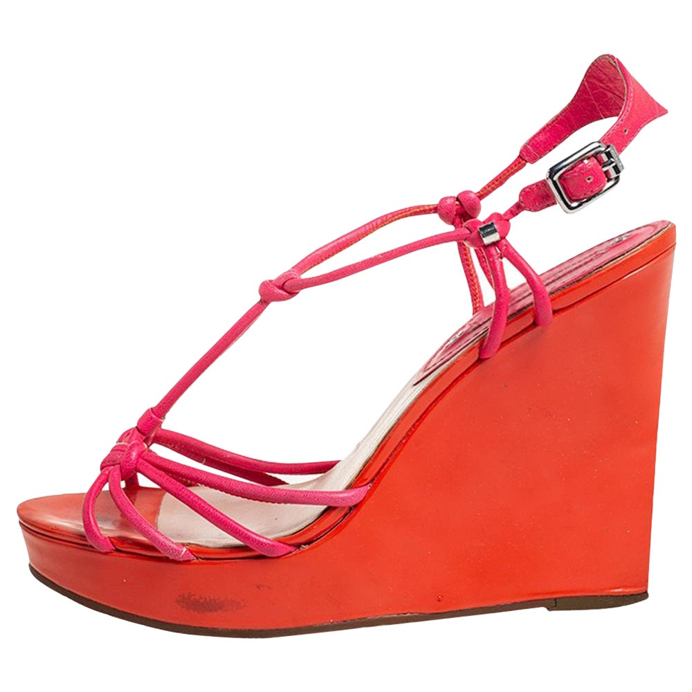 Celine Orange/Pink Leather Wedge Sandals Size 39