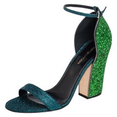 Sergio Rossi Blue/Green Coarse Glitter Ankle Strap Open Toe Sandals Size 38.5