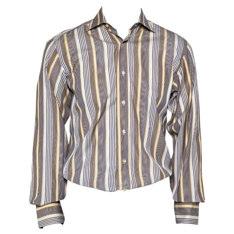 Etro Yellow & Navy Blue Striped Cotton Button Front Shirt S For Sale