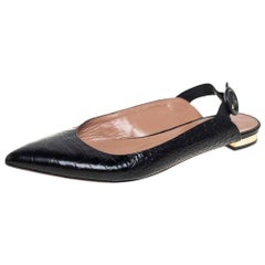 Aquazurra Black Croc Embossed Leather Slingback Sandals Size 36.5