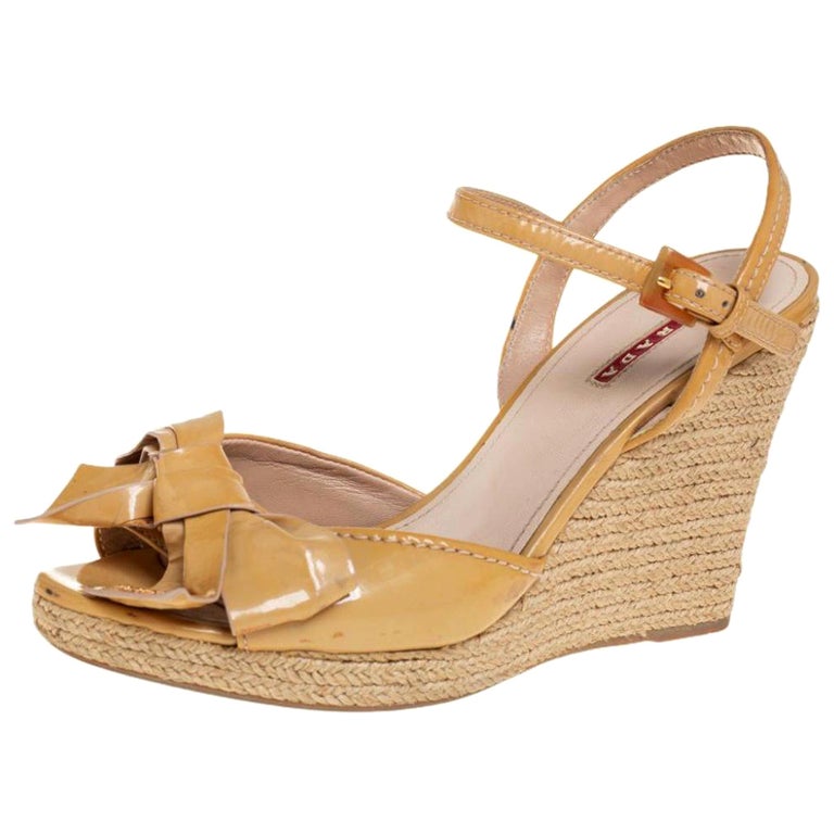 Prada Sport Beige Patent Leather Bow Detail Slingback Wedge Sandals Size 39  at 1stDibs | wedges with bow