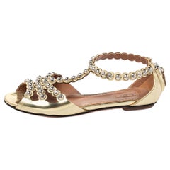 Alaia Metallic Gold Patent Leather Studded T- Strap Flat Sandals Size 36