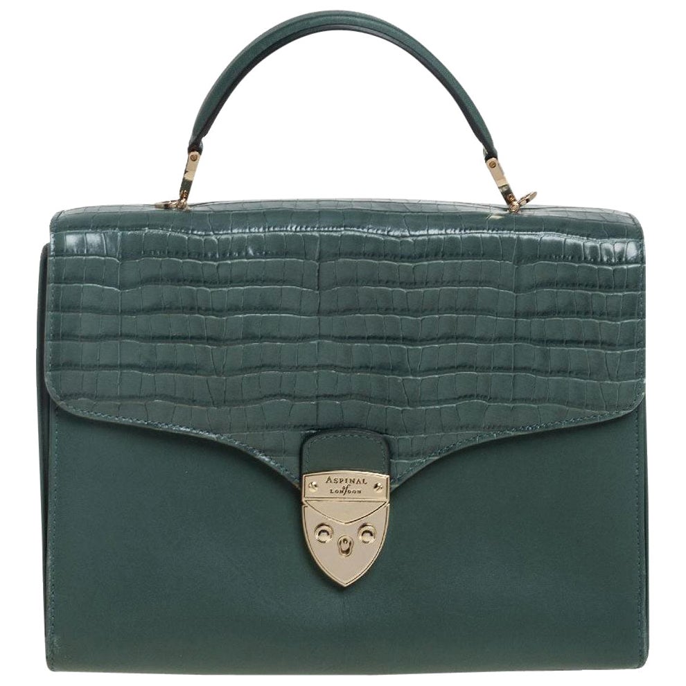 Aspinal Of London Green Croc Embossed and Leather Mayfair Top Handle Bag