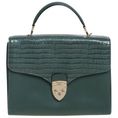 Aspinal Of London Mayfair Top Handle Bag aus grünem Krokodilleder mit geprägtem Griff