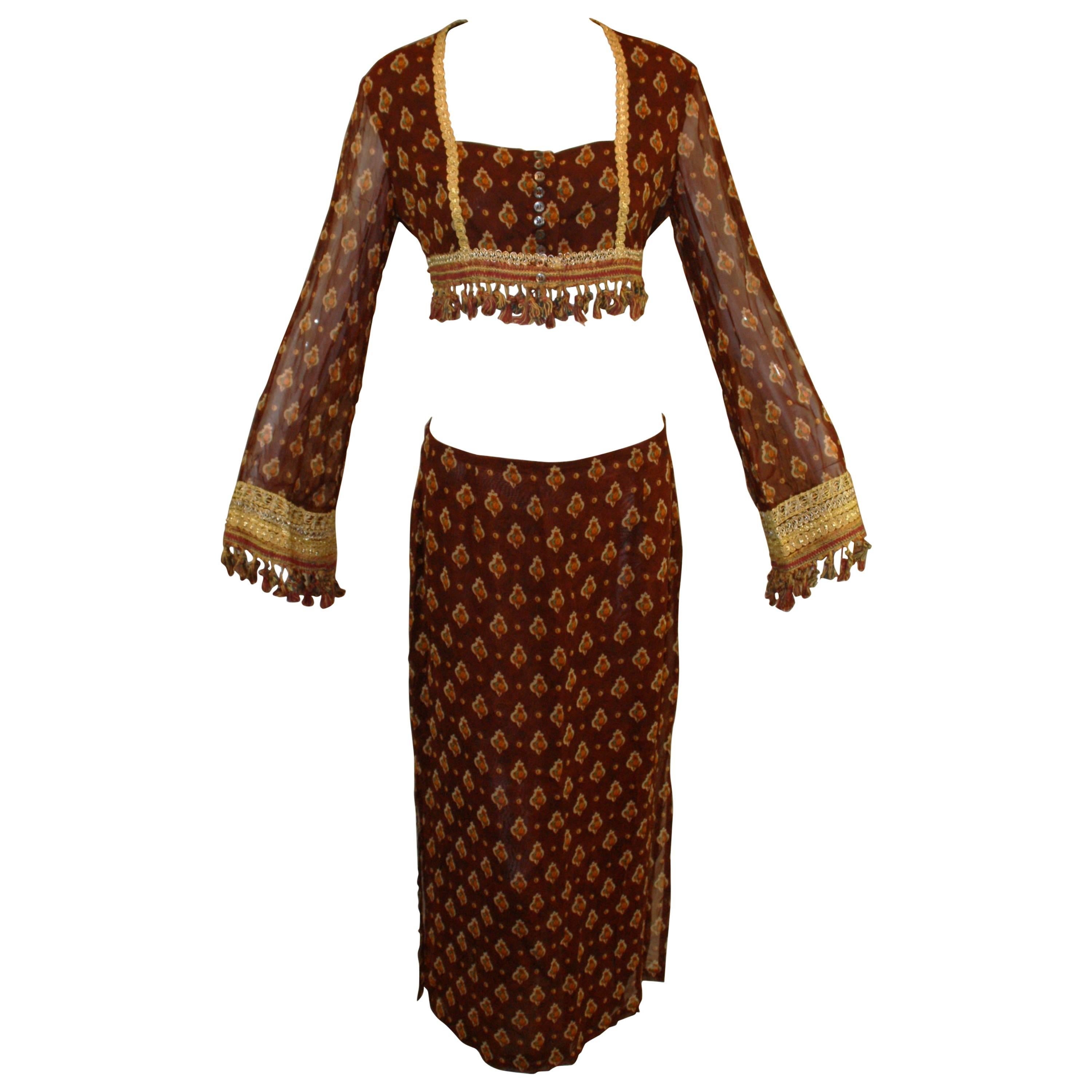 S/S 1994 Runway Dolce & Gabbana Gypsy Fringe Crop Top & Skirt Ensemble Suit 