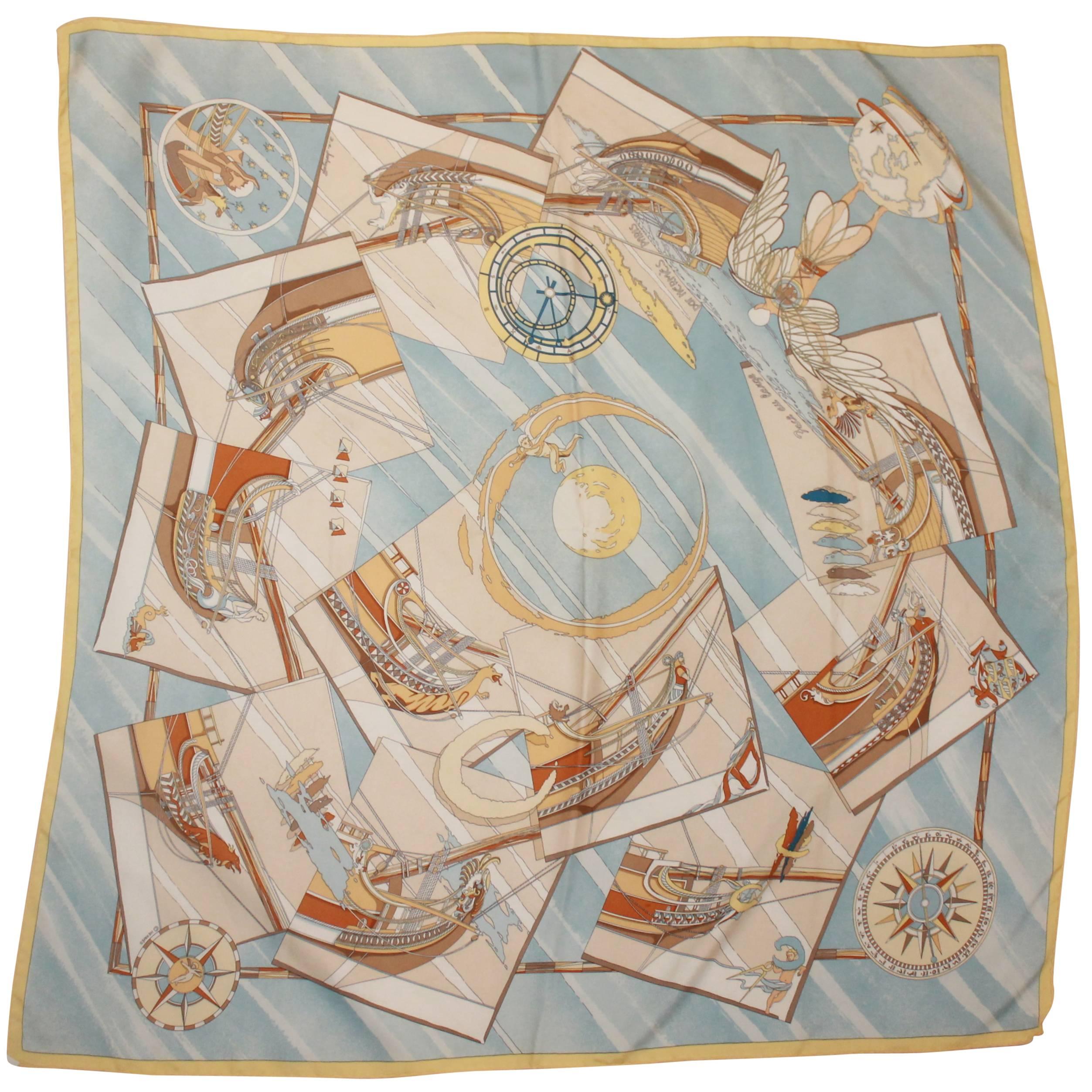 Hermes Pastel Blue "Face an Large" Atlas Theme Silk Scarf 