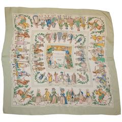 Hermes Mint & White "Costumes Civils Actuels" Cultural Theme Silk Scarf