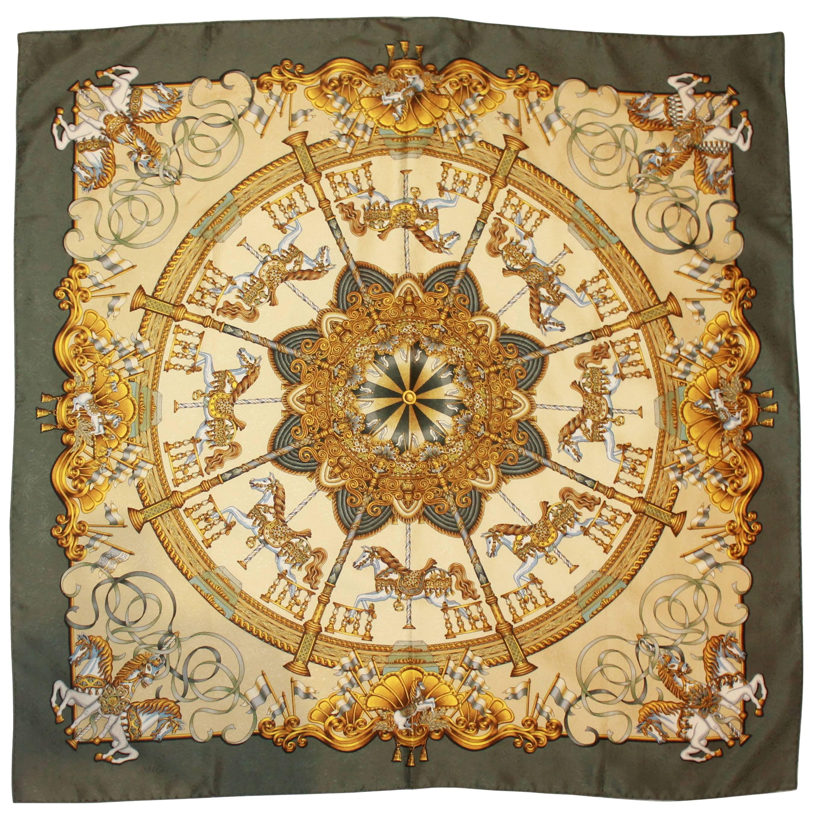 Hermes Olive and Gold "Lunar Park" Print Large Silk Scarf