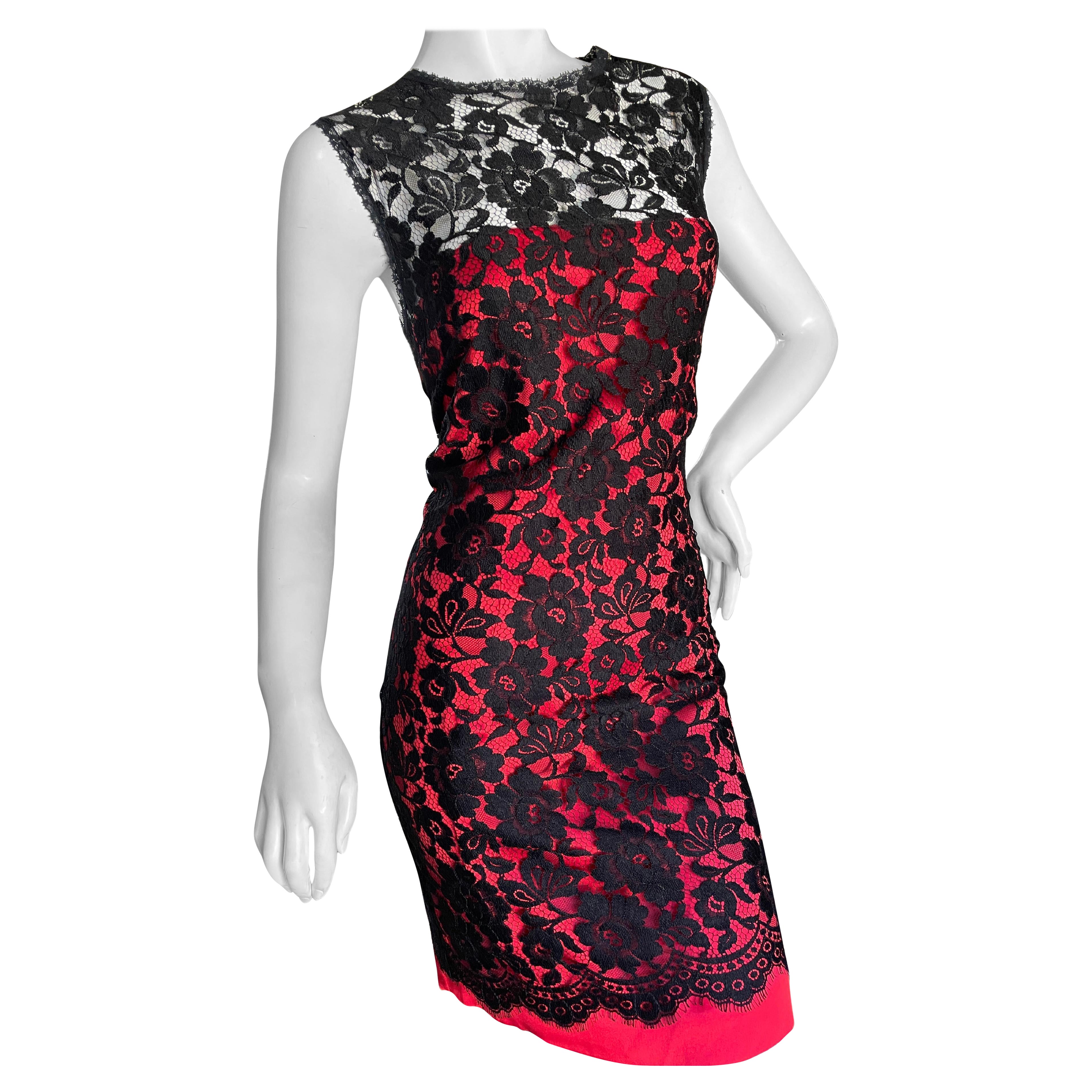 D&G Dolce & Gabbana Red Cocktail Dress with Black Lace Overlay For Sale