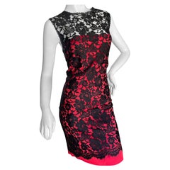 D&G Dolce & Gabbana Red Cocktail Dress with Black Lace Overlay