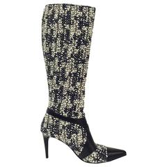 Chanel Black and White Tweed High Heel Tall Boots W. Black Leather Cap Toes 