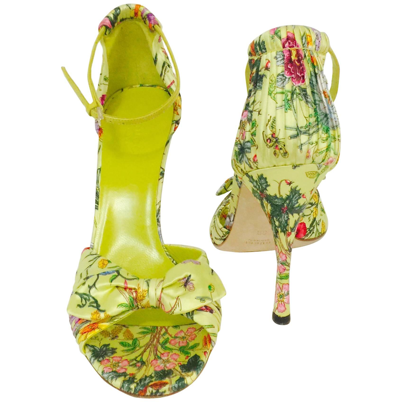 Gucci Green Satin Floral Print High Heel Sandals Above Excellent 
