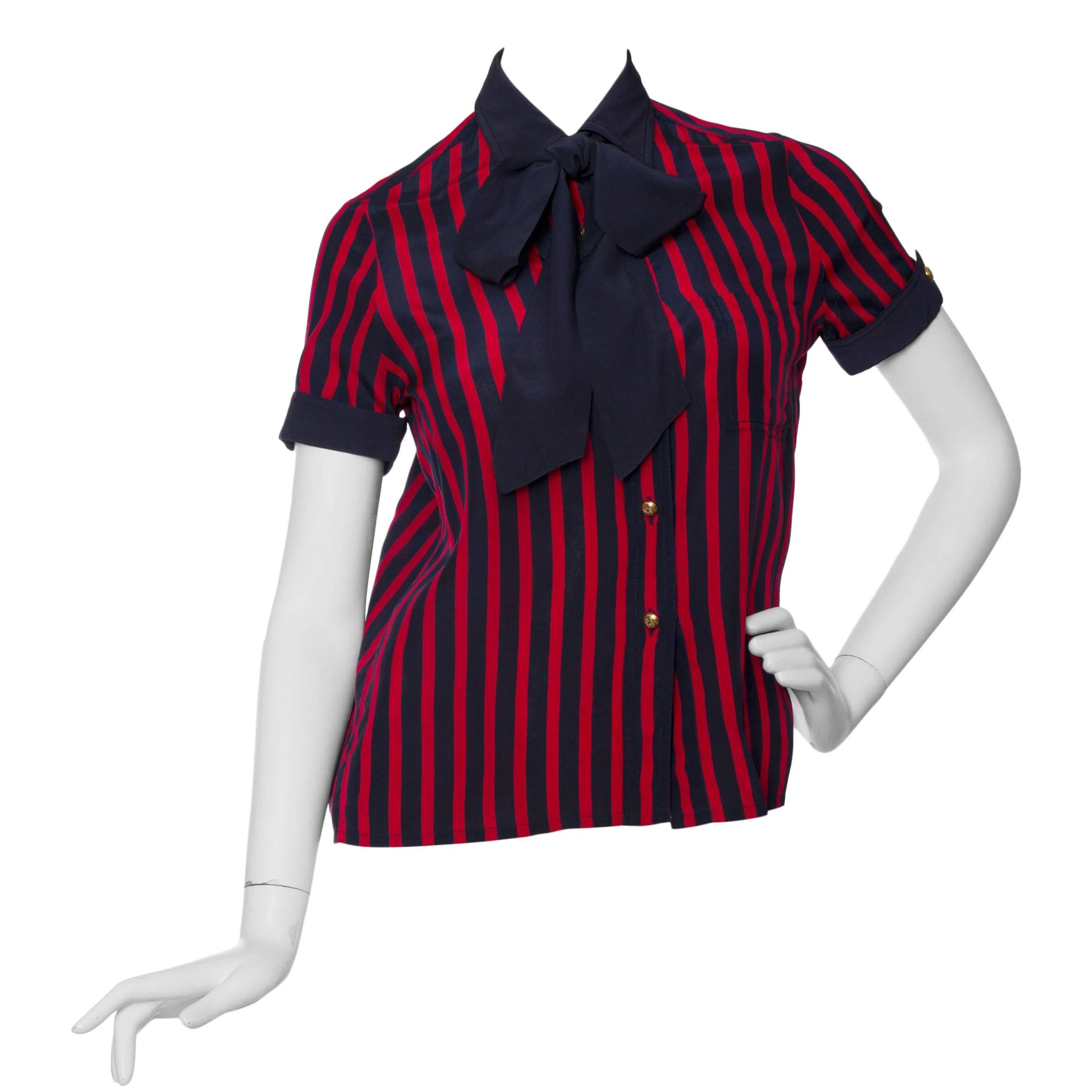 1980s Chanel Striped Silk Blouse  For Sale