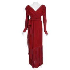 1970's Sant' Angelo Burgundy Draped Burgundy Chiffon Bodysuit Maxi Fringed Skirt