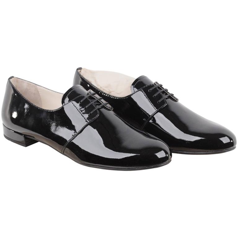 PRADA Black Patent Leather OXFORDS SHOES Lace Up 40 1/2 at 1stDibs