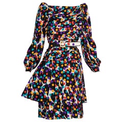 Fabuloso Vestido Vintage Galanos de Seda de Lunares Plisados con Cinturón, Años 80