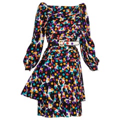 Fabulous Retro Galanos Polka Dot Silk Pleated Belted Dress, 1980s