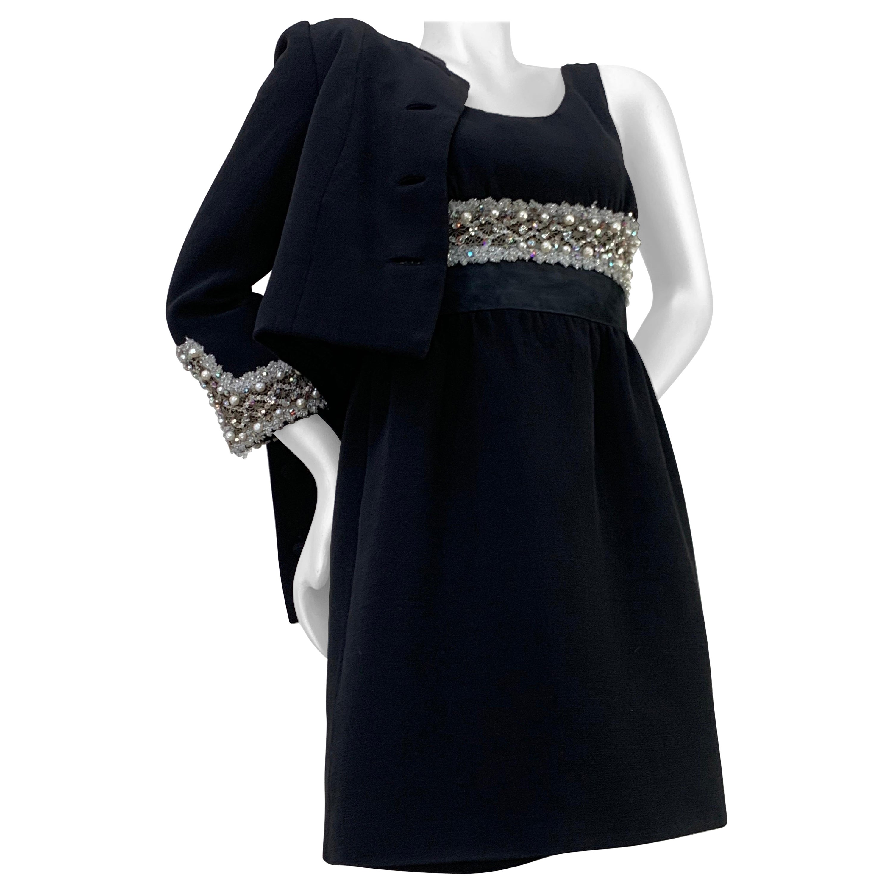 1960 Sophie-Saks Fifth Avenue Black Mod Babydoll Dress & Bolero Jacket w/ Lace For Sale