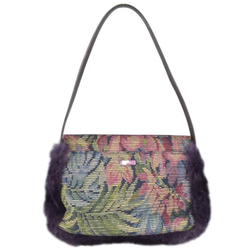 ETRO Purple Floral Beaded Tapestry Fabric & Fur Crocodile Strap Handbag