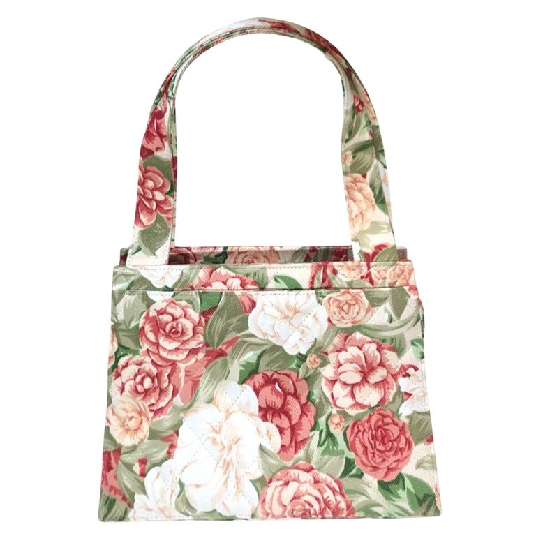 Super Rare 1997 Chanel Green/Red/White Overall Floral Print Canvas Handbag  For Sale