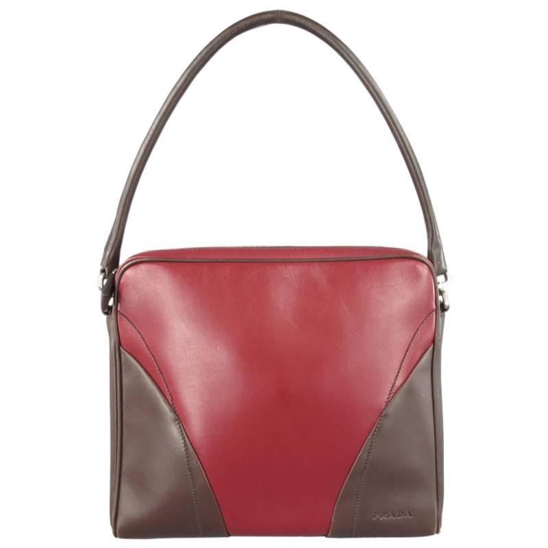 PRADA Burgundy Red & Brown Leather Color Block Retro Shoulder Bag