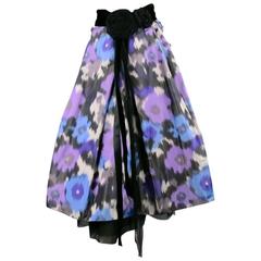 MARC JACOBS Size 6 Blue & Purple Floral Silk Black Velvet Sash Evening Skirt