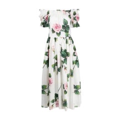 Dolce & Gabbana Tropical rose print Off the shoulder Cotton poplin white Dress 