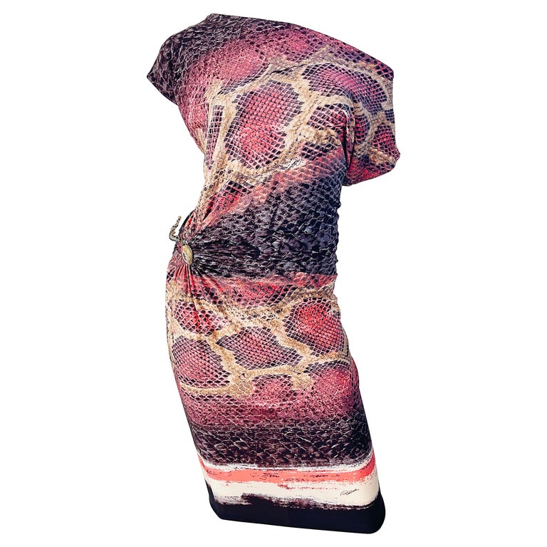 Roberto Cavalli Early 2000s Pink Brown Snake Skin Animal Print Y2K Slinky Dress  For Sale