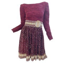 1990s Mary McFadden Couture Size 2 / 4 Burgundy Sequin Pleated Vintage 90s Dress