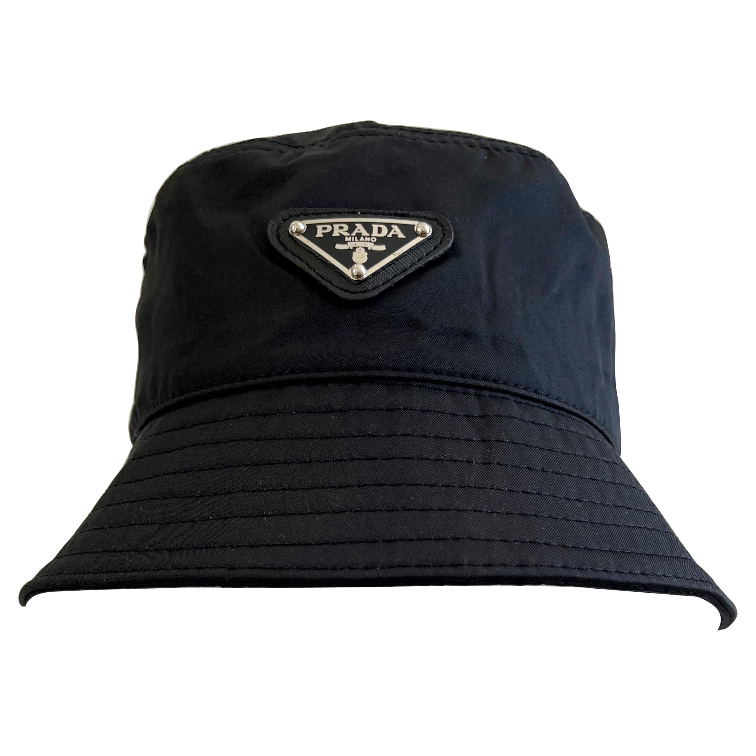 Prada 90s Style Black Nylon Unisex Logo Vintage Y2K Bucket Hat Size Medium  For Sale at 1stDibs