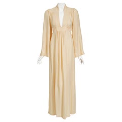 Vintage 1970's Ossie Clark Buttercream Crepe Belted Low-Plunge Maxi Dress Gown