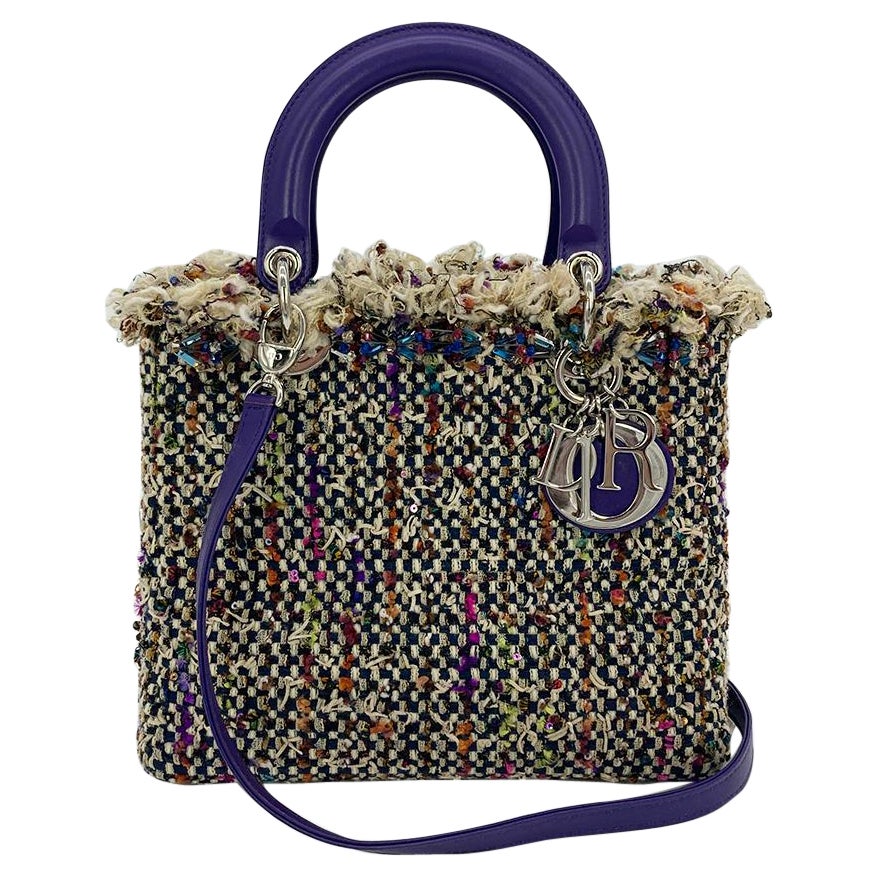 Christian Dior Woven Tweed Crystal Medium Lady Dior Bag