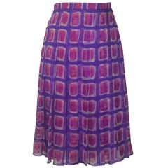 Chanel 01P Pink and Purple Silk Square Logo Print Pleated Skirt