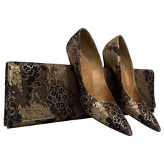 Vintage 1960 Chocolate & Gold Silk Brocade Stiletto Heels and Dramatic Lennox Clutch